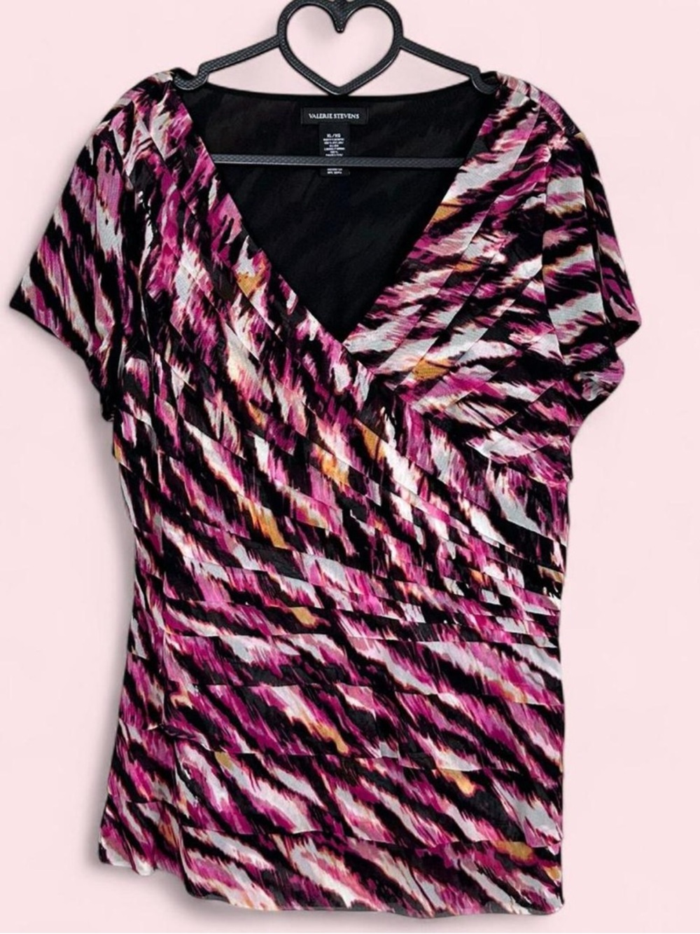 Pink & black abstract print top with ruched neckline